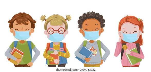 Boys And Little Girls Wearing A Protective Medical Mask. Elementary School Students In Class. Back To School For New Normal Concept. Related To COVID 19. Cartoon Vector. 