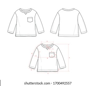 Boy's long sleeve t-shirt with chest patch pocket and side slits, flat sketch, front and back views, with measurements