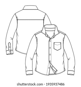 Boys Long Sleeves Shirt fashion flat sketch template. Technical Fashion Illustration. Shirt CAD. Front Placket with Button closure. Chest Pocket