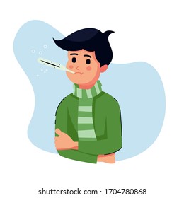 Boys or man or people with fever. character shivering in the cold. sickness concept. isolated. illustration in flat cartoon style. health and medical.
