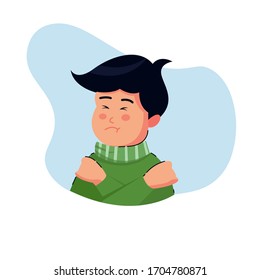 Boys or man or people with fever. character shivering in the cold. sickness concept. isolated. illustration in flat cartoon style. health and medical.
