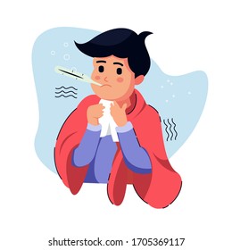 Boys or man or people with fever. character shivering in the cold. sickness concept. isolated. illustration in flat cartoon style. health and medical.