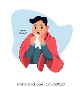 Boys or man or people with fever. character shivering in the cold. sickness concept. isolated. illustration in flat cartoon style. health and medical.