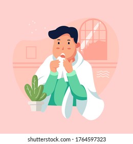 Boys or man or people with fever. character shivering in the cold. sickness concept. isolated. illustration in flat cartoon style. health and medical.