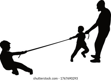 boys and man playing tug of war, silhouette vector