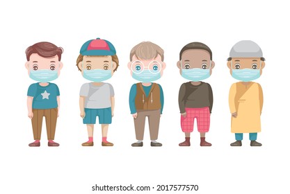 boys mask characters groupset. Covid-19 prevention concept.