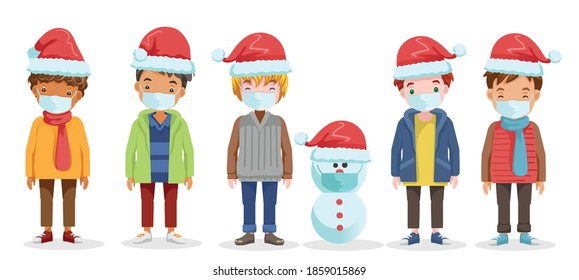 Boys mask and Christmas hats.
Different nationalities are different. Variety of children. Male heads. Picture of students. Snowman and boy. Winter fashion. prevent the spread COVID-19