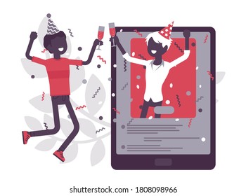 Boys meet up virtually by tablet to enjoy online party. Happy friends, video chat apps celebrations, gathering during social distancing, fun staying at home. Vector creative stylized illustration