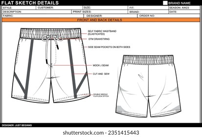 BOYS MEN TRENDY SHORT FLAT SKETCH FASHION TEMPLATE TECHNICAL DRAWING ILLUSTRATION