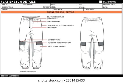 BOYS MEN TRENDY TRACK PANT FLAT SKETCH FASHION TEMPLATE TECHNICAL DRAWING ILLUSTRATION