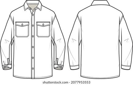 BOYS AND MEN WEAR DENIM SHIRT WITH POCKET FLAT VECTOR SKETCH