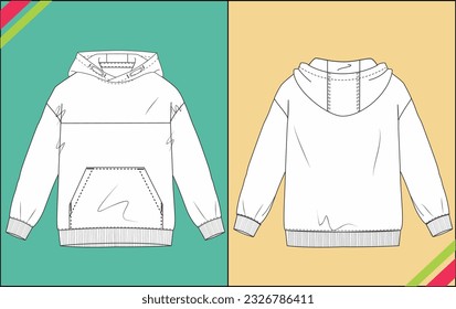 BOYS MENS HOODIE KANGAROO POCKET TEE FLAT SKETCH FASHION TEMPLATE TECHNICAL ILLUSTRATION