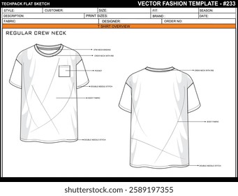 BOYS, MENS REGULAR CREW NECK, SHORT SLEEVE, POCKET,SKETCH FASHION TEMPLATE TECHNICAL ILLUSTRATION