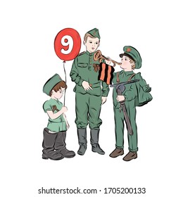 Boys in military uniform congratulate Victory Day. Child holds red balloon with number 9. Young musician plays the trumpet. 