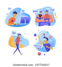 Boys with modern gadgets vector illustrations set. Friends playing video game flat clipart. Teenager using social network on smartphone. Cartoon character in VR glasses. Technologies and entertainment