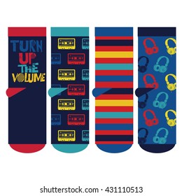 Boys music socks design set. Set of socks pattern. illustrations isolate Boys sock with colored pattern