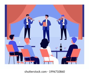 Boys musical band performing in front of audience. Musicians singing and playing violins flat vector illustration. Concert, classic music concept for banner, website design or landing web page