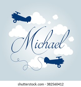 Boy`s name and retro planes in the clouds. Print for kids room. Personal name Michael.