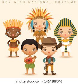 Boys in national costumes : Africa, Red Indian, Egypt, Hawaii and Cowboy : Vector Illustration