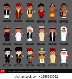 Boys in national costumes. Set of african and asian men dressed in national clothes. People with flag. Collection of characters. Vector flat illustration.