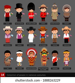 Boys in national costumes. Set of men dressed in traditional clothes. Collection of cute cartoon characters. People. Vector flat illustration.	
