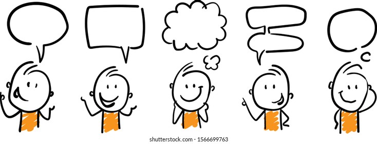 Boys office workers talking with speech bubbles. Conversation and discussing holidays new year. Doodle style vector illustration man object isolated hand draw. Line art cartoon design character