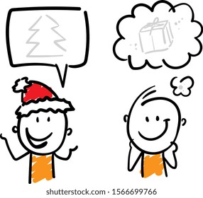 Boys office workers talking with speech bubbles. Conversation and discussing holidays new year. Doodle style vector illustration man object isolated hand draw. Line art cartoon design character