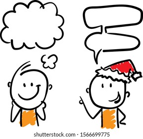 Boys office workers talking with speech bubbles. Conversation and discussing holidays new year. Doodle style vector illustration man object isolated hand draw. Line art cartoon design character