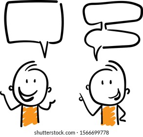 Boys office workers talking with speech bubbles. Conversation and discussing holidays new year. Doodle style vector illustration man object isolated hand draw. Line art cartoon design character