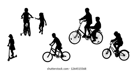 Boys on bikes, vector. A set of silhouettes of children, kids.