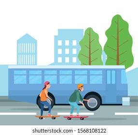 Boys on skateboards design, transportation drive travel traffic speed road and theme Vector illustration