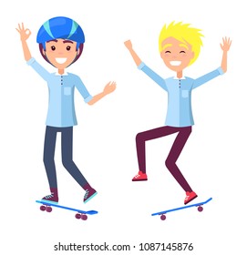 Boys on skateboards have fun and perform tricks, teen males in shirts with helmet jump skates, kids do sport skateboarder vector illustrations