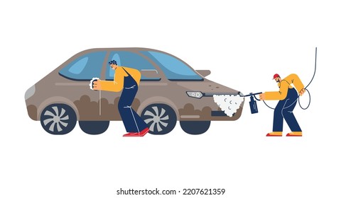 Boys in overalls uniform washing dirty gray car flat style, vector illustration isolated on white background. Car wash service, high pressured soap and water, professional