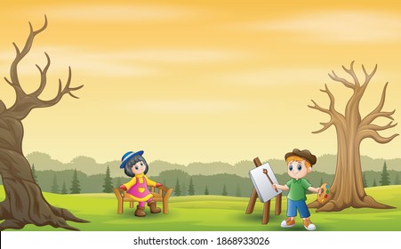 A boys paint girls with bare tree background