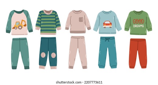 Boys pajamas set. Textile night clothes for kids sleepwear bedtime pajamas vector colored pictures