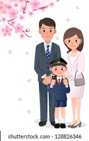 Boy's Parents Attending Their Son's School Ceremony. Japanese Seasonal School Event.Gradients, Gradation Mesh, Clipping Mask Is Used. EPS10.