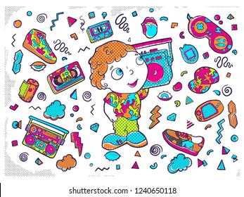 Boys patches collection, lips, tape recorder and other elements.. Vector illustration of colorful badges and symbols for boys. Isolated on white.