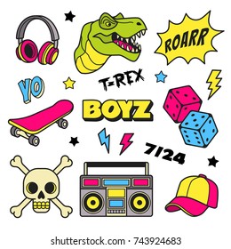 Boys patches collection. Vector illustration of colorful badges and symbols for boys, such as T Rex, headphones, dice, skateboard, cap and boom box. Isolated on white.