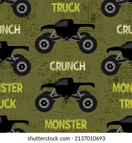 boys pattern with black monster truck, grunge texture and text