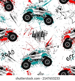 boys pattern with monster truck, grunge texture and text.