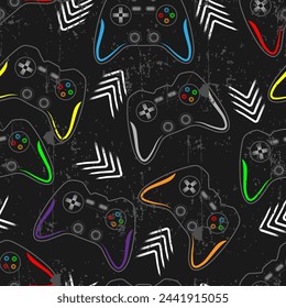 boys pattern. multicolored joysticks with gray grunge and white arrows