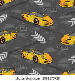 boys pattern. sports car orange, arrows, text and gray grunge