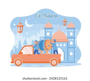 Boys perform takbir on the eve of Eid al-Fitr. They beat the drum and read the takbir around the village by car. Happy Eid Mubarak concept. flat vector modern illustration 