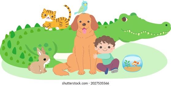 Boys and pets, from small to large, including goldfish, birds, rabbits, cats, dogs, crocodiles