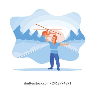 Boys play with airplanes outdoors in the afternoon. He dreams of becoming a pilot. Childrens concept. Flat vector illustration.