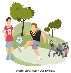 Boys play ball in park. Illustration concept for mobile website and internet development.