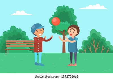 Boys play with a ball while walking on the street. Children spend time outdoors vector illustration. Guys raise their hands to throw and hit the red ball. Friends playing together in the park