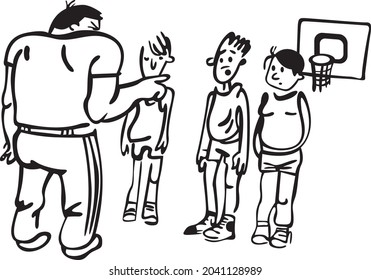 The boys play basketball in the school's gymnasium. The teacher tells them how to play
