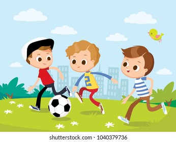 Boys play football soccer on outskirts.     Forward  attacker with ball passes defender. Vector illustration with kids and summer landscape.