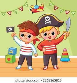 Los chicos juegan piratas en la habitación de los niños. Ilustración vectorial con niños lindos al estilo de las caricaturas.